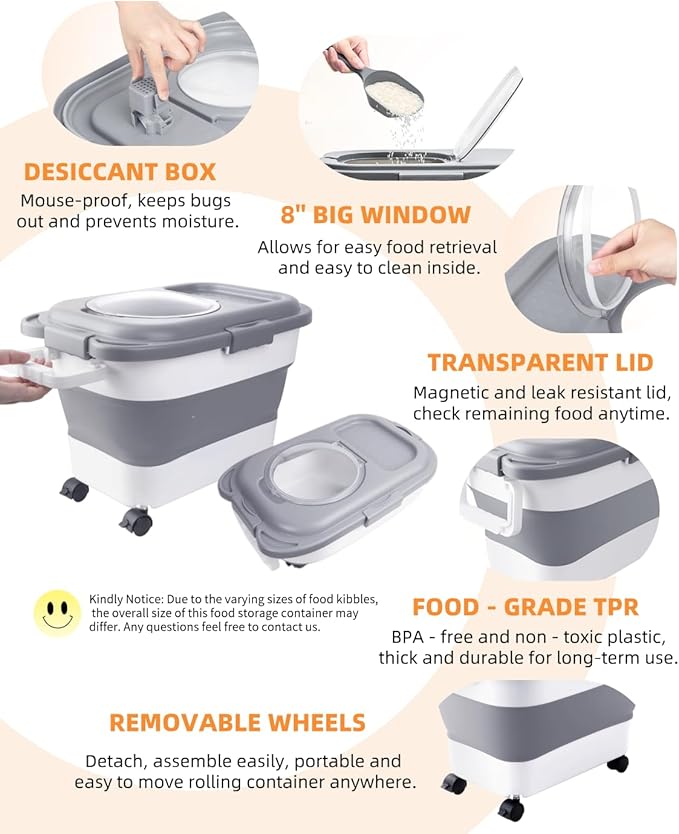 DDMOMMY 15-23 Lbs Dog Food Storage Container, Collapsible Dog Food Container with Airtight Lid, Wheels, Handle, Large Cat Food Storage Container with Scoop, Dog Bowl for Dog Cat
