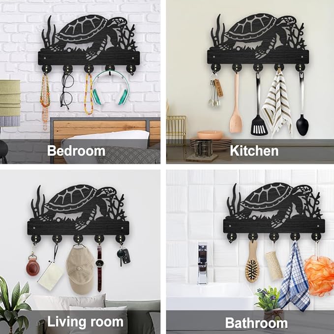 MAYJOYDIY Sea Turtle Coral Coat Hooks 11.8×7inch Wood Ocean Creatures Key Holder for Wall Sea Animal Wall Art Decor Key Hooks 5 Alloy Hooks for Gift Entryway Living Room Kitchen Office