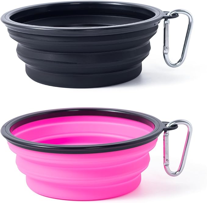 Dog Bowl Pet Collapsible Bowls, 2 Pack Collapsible Dog Water Bowls for Cats Dogs, Portable Pet Feeding Watering Dish for Walking Parking Traveling with 2 Carabiners (Black+Pink, Medium)