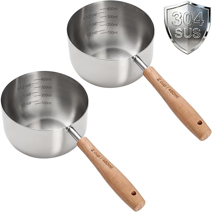 TREMENDRY 2PCS 2Cup(480ml | 16oz) Dog Cat Food Scoop, 18/8(304) Stainless Steel Measuring Cup with Wooden Handle, Etched Measurements Inside, BPA Free Portion Control for Pets & Kitchen Use