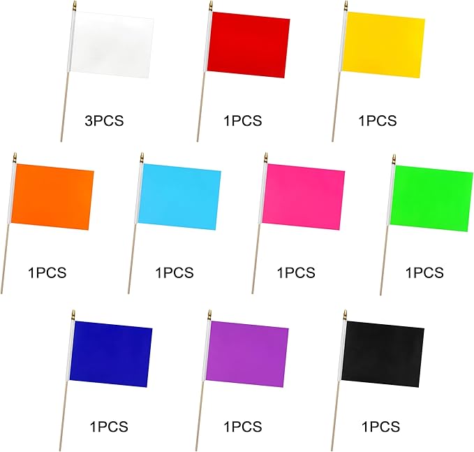 12Pcs 8×12 Inch Red White Blue Black Orange Yellow Green Purple Pink Flags Set on Wood Stick Small Mini Solid Color Blank Sublimation Handheld Flags for DIY Graffiti