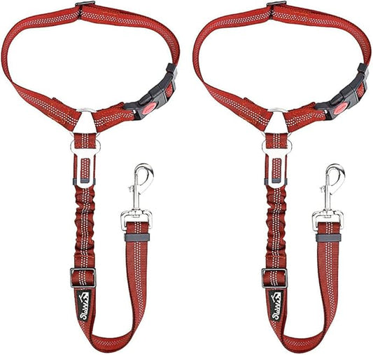 SlowTon Dog Seat Belt for Car, 2 Pack Dog Car Harness Seatbelt Adjustable with Elastic Bungee Buffer, 2 in 1 Pet Car Leash Headrest Restraint Dog Reflective Safety Tether (Red, Headrest+Clip)