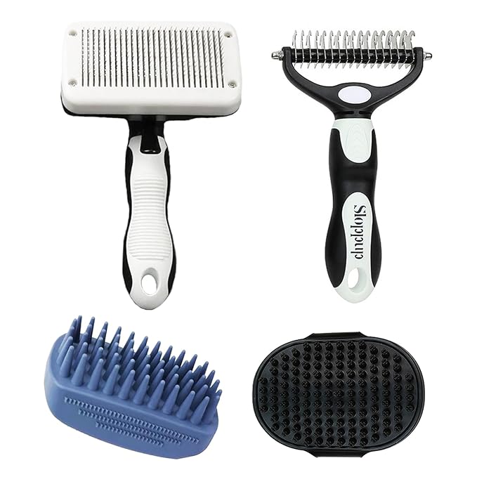 PETIMP STORE Dog Brush Kit for Grooming Short & Long Haired Dogs & Cats, 4-in-1 Pet Grooming Set with Self-Cleaning Slicker Brush, Deshedding Tool, Shampoo Bath Comb, Massge Comb (White Black)