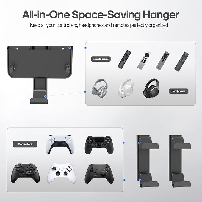 Controller & Headset & Remote Holder Wall Mount with No Drill, 2 Packs Gaming 4 Controllers Hanger Hook Mount for PS5/PS4/XBOX/Switch, Headphone Stand & Remote Control Holer Wall Shelf with Adhesives