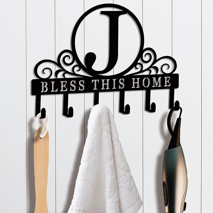 Metal Letter J Key Holder for Wall, Decorative Metal Key Holder Wall Mount, Key Hooks Coat Rack Monogram Wall Decor, Perfect for Bathroom, Living Room, Kitchen, Anniversary Housewarming Gift