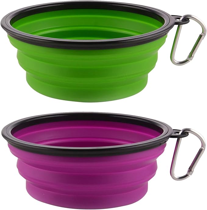Large Collapsible Dog Bowls, 34oz Portable Foldable Travel Water Bowl Food Dishes with Carabiner Clip for Traveling, Hiking, Walking, 2 Pack (Purple+Green)