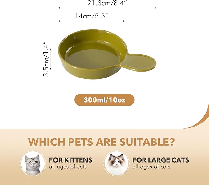 Ceramic Wide Whisker Friendly Cat Dishes, Set of 3 Ceramic Cat Bowls with Handle, Anti-Slip Indoor Kitten Feeding Food& Water Dish to Prevent Whisker Fatigue(3 Pcs, Matcha Green)