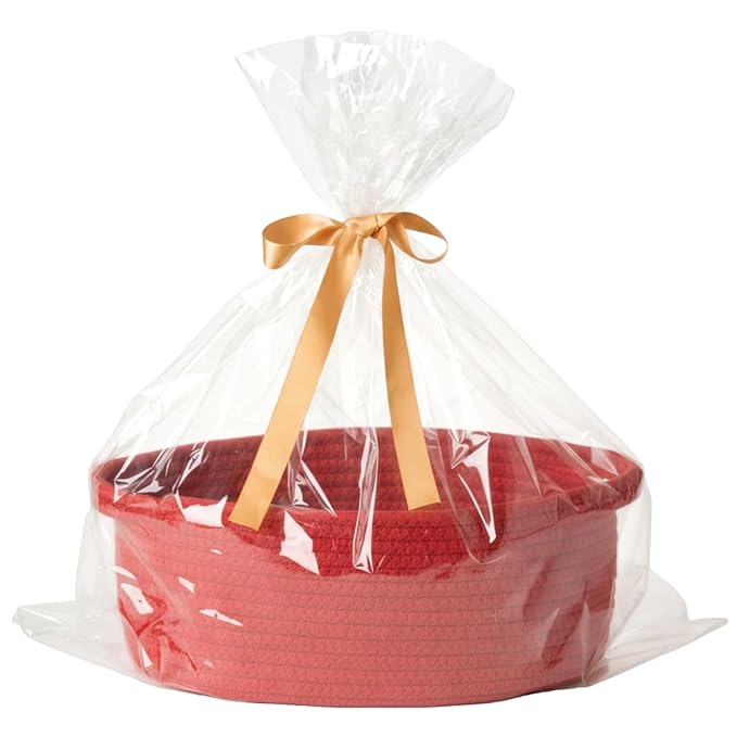 Gift Basket with Wrap Bag and Ribbon, Empty Small Woven Basket for Gift, Cute Decorative Gift Organizer for Baby Showers, Raffle, Valentine‘s, Easter and Mum – 12"x8"x5", Red