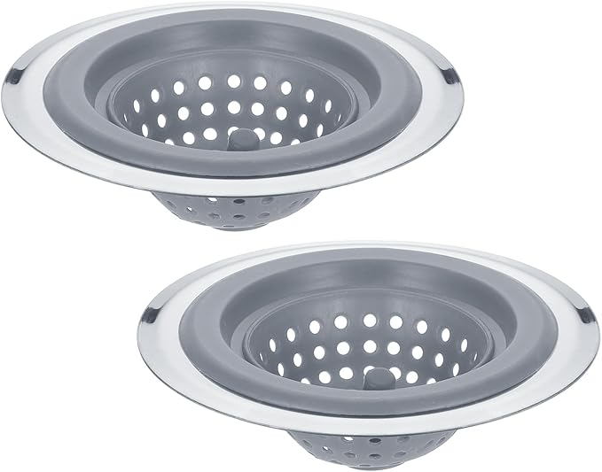 uxcell Silicone Sink Strainer, 2Pcs Kitchen Sink Drain Strainer Stopper with Detachable Stainless Steel Edge 4.4" Diameter Rim, Grey