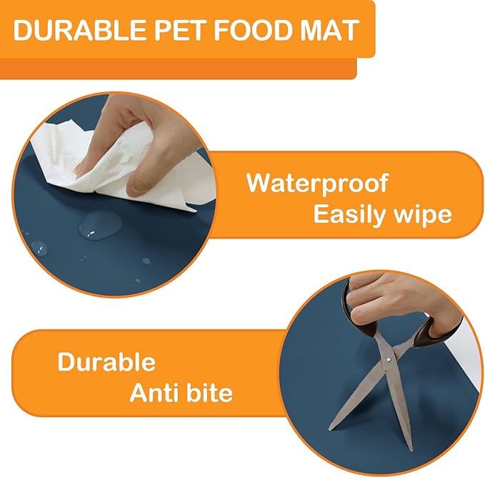 Dog Water Mat 39.4 by 29.5in Extra Large - Silicone Mat for Dog Bowls Waterproof Non Slip - XL Pet Mat for Food and Water Protect Floors - Stone Blue