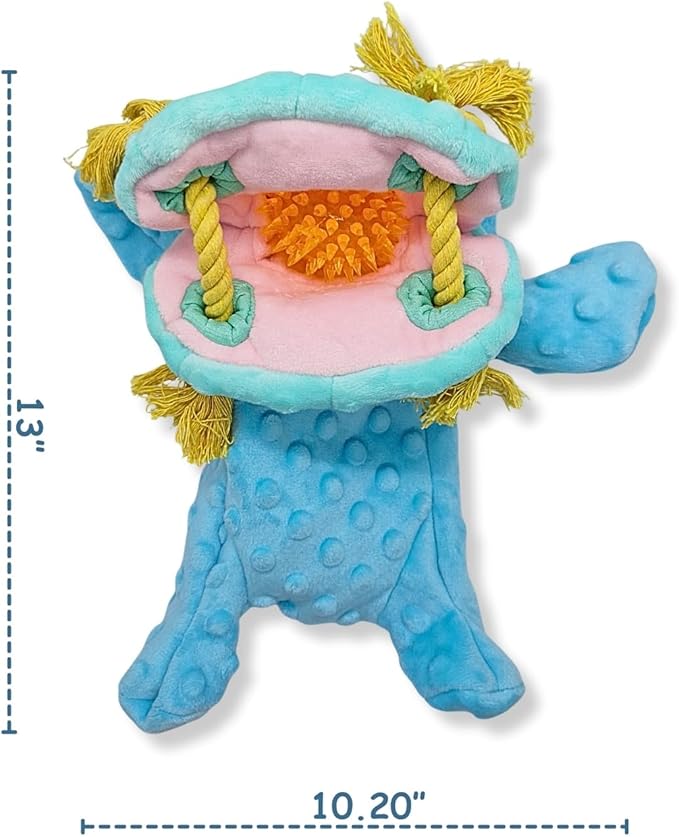4 in 1 Squeaky Dog Toy – No Stuffing Dog Toy - Big Squeaker, Ropes and Surprise ball-like play item for Small, Medium & Large Breeds–for Chewing, Teething & Fetch–Durable Pet-Safe Materials-Blue Hippo