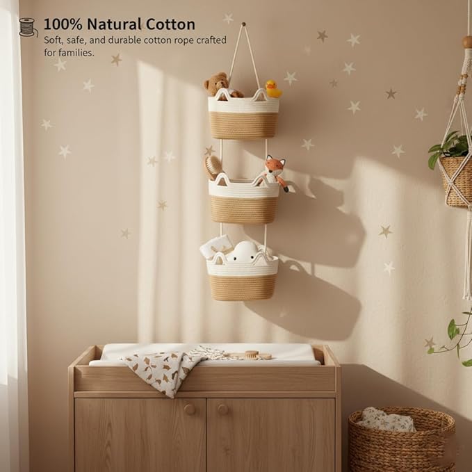 Wall Hanging Baskets, 3-Tier Cotton Over Door Organizer, Decorative Hanging Wall Basket for Wall, Door, Nursery, Living Room, Bathroom, Cat-Like Design Boho Decor, White & Jute