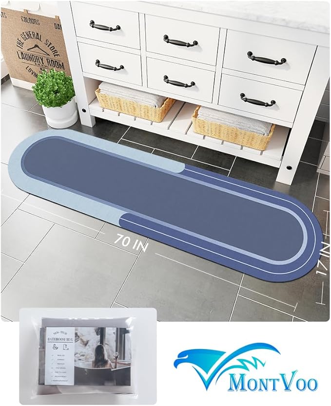 MontVoo Bath Mat Runner - Long Non Slip Absorbent Quick Dry Thin Bath Rug for Bathroom Floor Mat - Rubber Backed - Stain Resistant - Easy Care - Navy 17"x70"