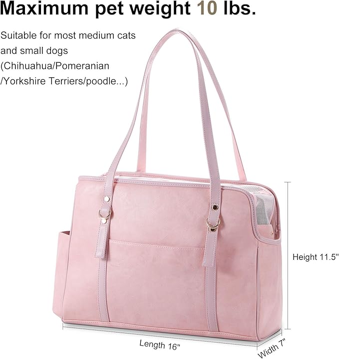 Lasaviin Dog Carrier Purse, Fashion Leather Pet Carrier with Pockets, Airline Approved Soft Sided Dog Carrying Bag for Puppy Cat Dog Pink