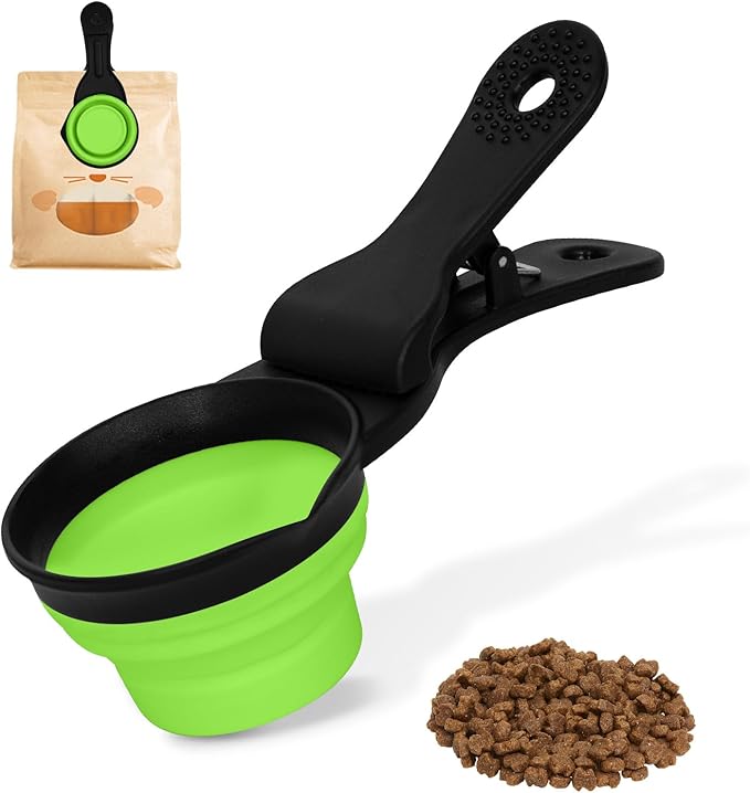 PNEUICALLY Collapsible Dog Food Scoop Foldable Pet Food Bag Clip 3 in 1 Multi-function Silicone Cat Food Measuring Cup Scoop Dog Food Scooper Pet Food Storage Clip (Green, 1/2 Cup Capacity(1 Pack))