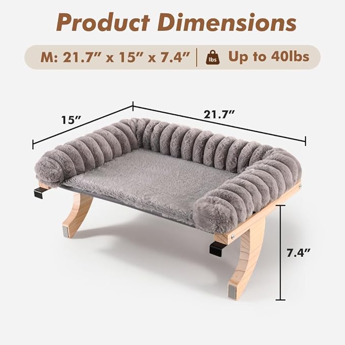 valigogo Cloud-Soft Cat Window Sill Perch with Zipper Designed Cushioned Bed, Supportive Cat Window Seat with Premium Solid Wood & Sturdy Metal Frame, Pet Hammock Bed for Large Cats (Medium, Gray)
