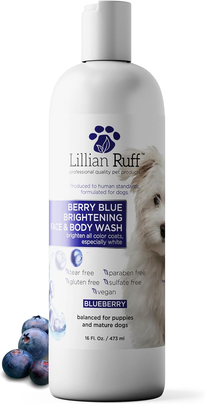 Lillian Ruff PRO Formula Berry Blue Brightening Pet Shampoo - Ultra-Hydrating Professional Whitening Dog Shampoo, Vivid Show-Quality Coat Enhancer, Tear Stain & Odor Eliminator With ProVitamin B5 16oz