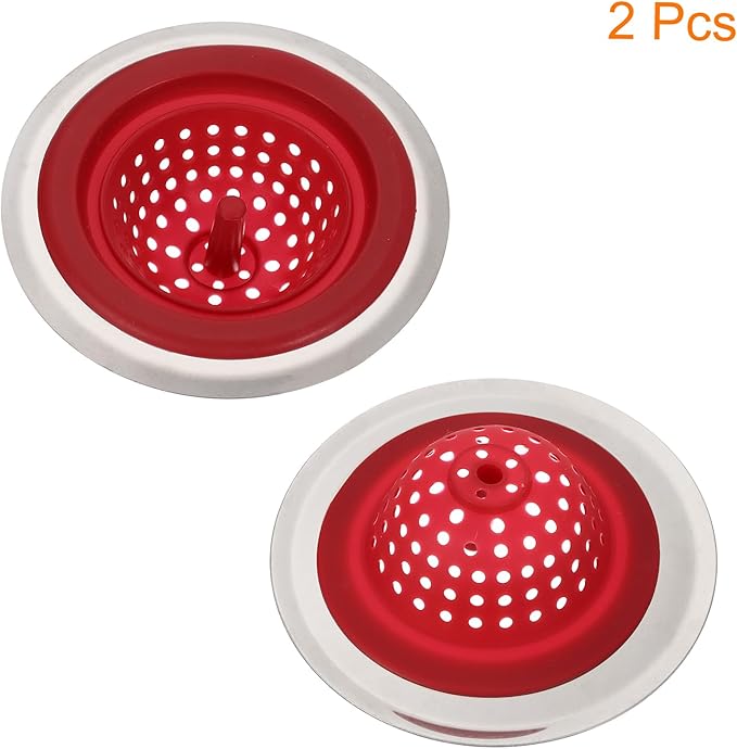 uxcell Silicone Sink Strainer, 2Pcs Kitchen Sink Drain Strainer Stopper with Detachable Stainless Steel Edge 4.4" Diameter Rim, Red