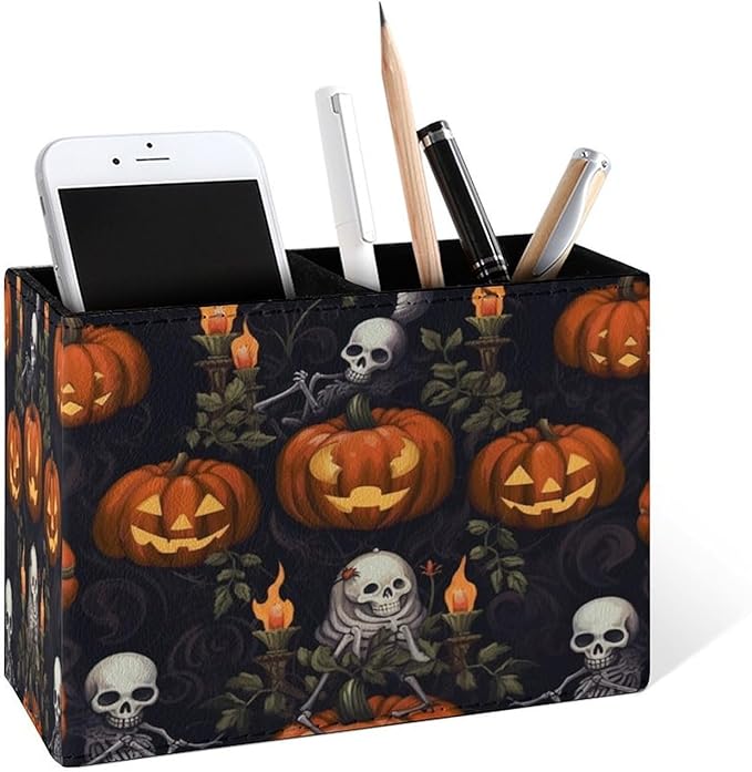 Famame Skull Pumpkins Pencil Holder for Desk, Leather Desktop Container Pen Cup Storage Study Table Pen Organizer Makeup Brush Holder for Classroom Office Home