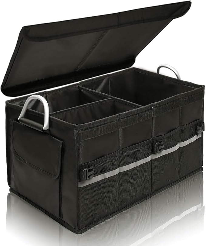 Trunk Organizer With Lid,Medium,Black 55L,For SUV Car Truck,Collapsible Waterproof Oxford Fabric,Portable Multipurpose sorting,3-Compartments with Aluminium Alloy Handle
