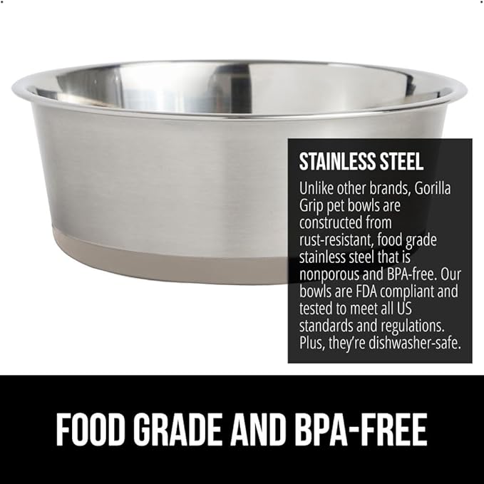 GORILLA GRIP Dog Bowls, Holds 1 Cup Each (8 fl oz), Heavy Duty Stainless Steel Food and Water Bowl for Feeding Dogs and Cats, Dishwasher Safe, Rust Resistant Metal BPA Free Rubber Base, Set of 2 Beige