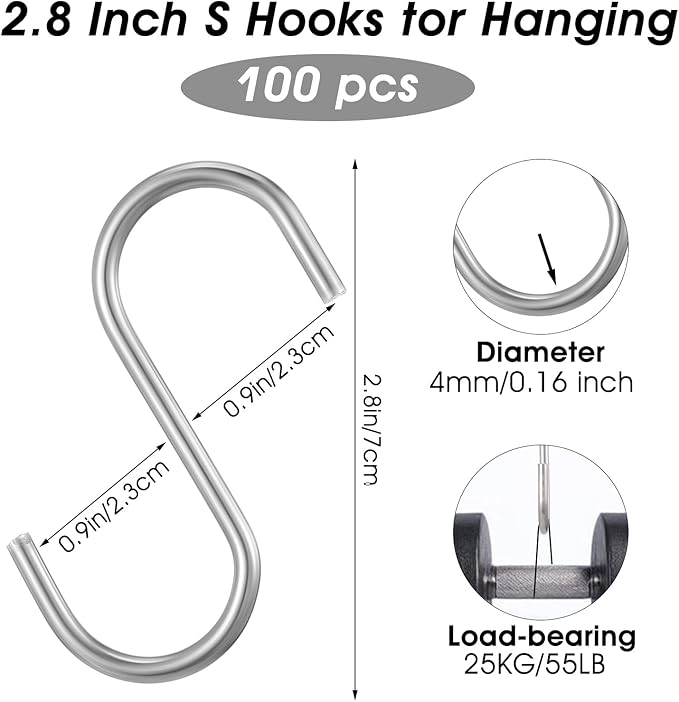 100 Pack S Hooks - 2.8 Inch Small Heavy Duty Stainless Steel S Hooks for Hanging Jeans, Cooking Utensils, Potted Plants, etc