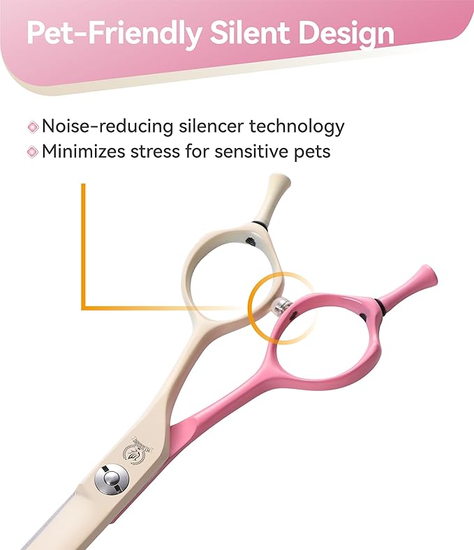 Fenice Peak Curved Dog Grooming Scissors with Coating 440C Stainless Steel, 7 inch Professional Curved Shears Dog Grooming，25 Degree of Curved Blade，Pet Shears for Trimming Face and Paws, Pink & White