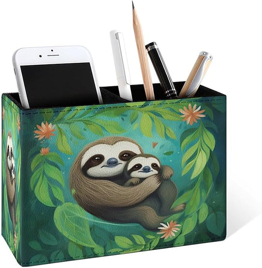 Famame Sloth with Baby Leaves Pencil Holder for Desk, Leather Desktop Container Pen Cup Storage Study Table Pen Organizer Makeup Brush Holder for Classroom Office Home
