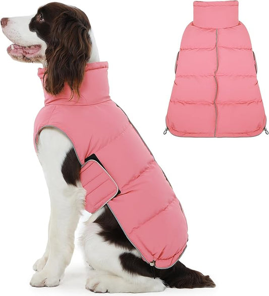 FUAMEY Dog Puffer Jacket for Large Dogs,Dog Cold Weather Coats Winter Dogs Down Jackets Waterproof Pet Snowsuits Warm Puppy Winter Vest Turtleneck Pets Adjustable Jackets Coats Pink XXL