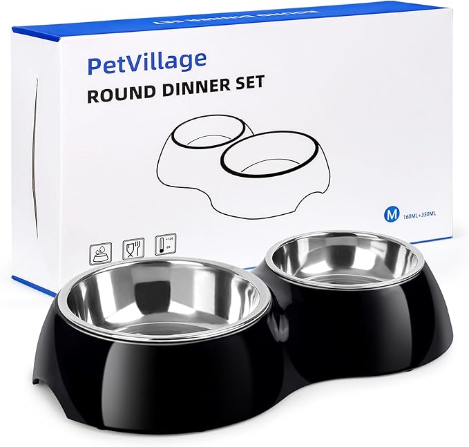 PetVillage Double Dog Bowls Set – Non-Slip Pet Food & Water Dishes with Resin Stand, Includes Small (1 Cup) & Medium (2 Cups) Bowls – Ideal for Puppies and Cats –Black