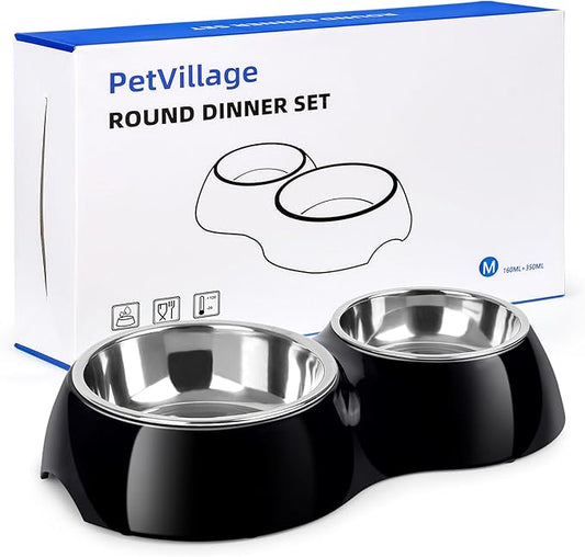 PetVillage Double Dog Bowls Set – Non-Slip Pet Food & Water Dishes with Resin Stand, Includes Small (1 Cup) & Medium (2 Cups) Bowls – Ideal for Puppies and Cats –Black