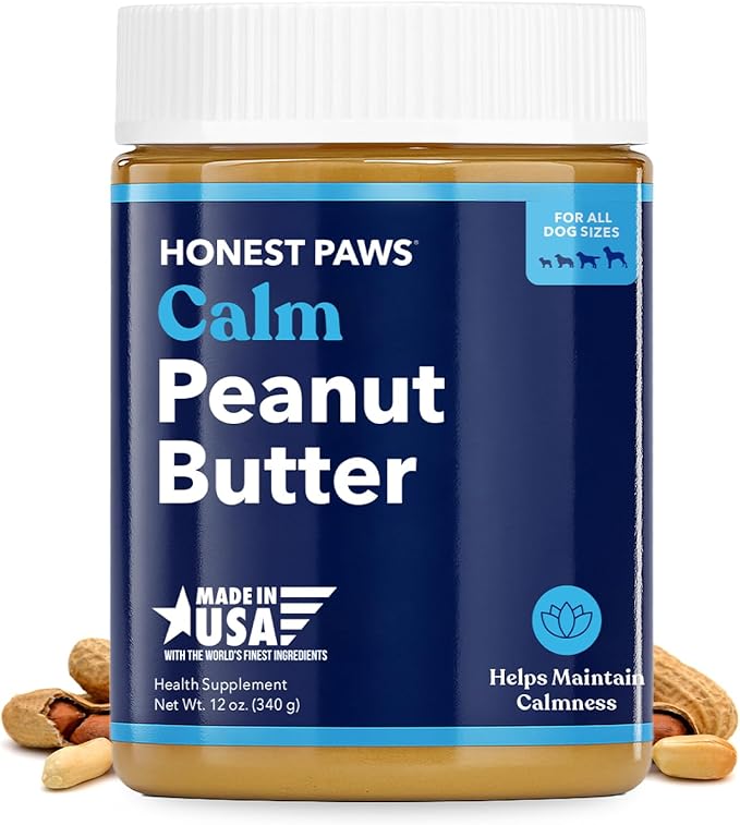 Honest Paws Calming Peanut Butter for Dogs – Dog Supplement with Ashwagandha, Valerian Root & L-Tryptophan – Supports Relaxation & Balanced Behavior – Made in USA – 12 oz