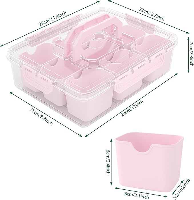 REBECAT Divided Serving Tray with Lid and Handles 9 Compartments Snack Box Container Charcuterie Organizer Snackle Box Container for Candy,Nuts，Fruits,Snacks,3 Pack,Pink