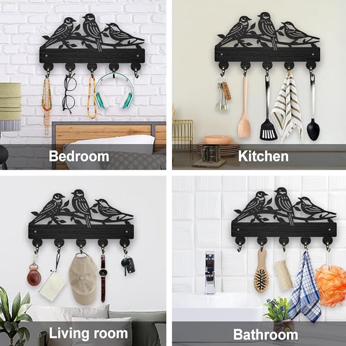 MAYJOYDIY Wooden Bird Branch Coat Hooks Wall Mount 11.8×6.8inch Tree Branch Key Holder for Wall Black Animal Garden Wall Art Decor Key Rack 5 Alloy Hooks for Gift Entryway Living Room Kitchen Office