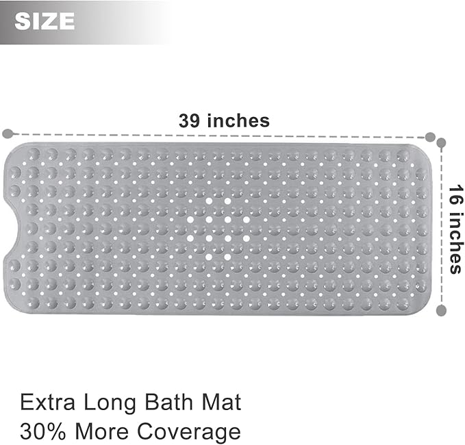 Bathtub Mats for Shower Tub, Extra Long Non-Slip 39 x 16 Inch Bath Mat with Drain Holes and Suction Cups, BathMat for Bathroom with Machine Washable (Opaque Gray)