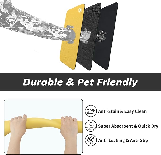 Dog Food Mat - Absorbent Cat Mat for Food and Water, No Stains Pet Feeding Bowl Mat, Easy to Clean Pet Placemats, Quick Dry Dog Water Dispenser Mat for Messy Drinkers | Paw Yellow 16"x 24"