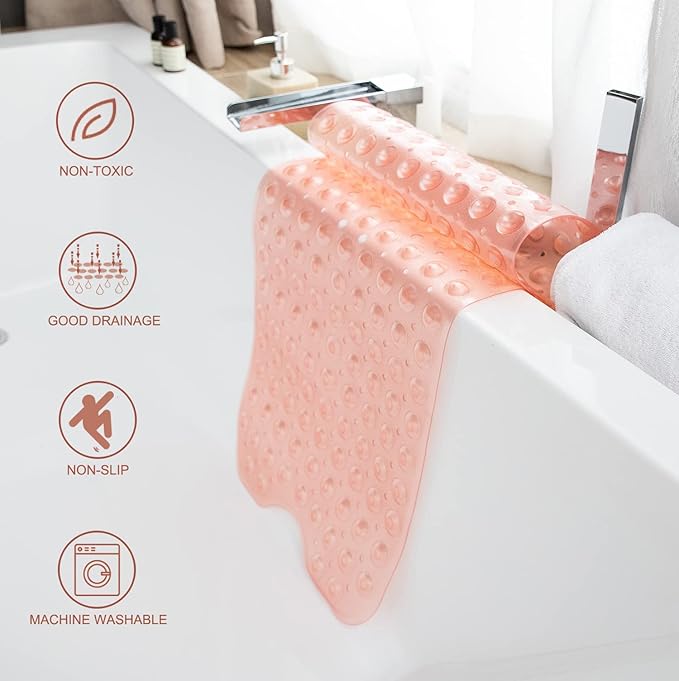 Bathtub Mats for Shower Tub, Extra Long Non-Slip 39 x 16 Inch Bath Mat with Drain Holes and Suction Cups, BathMat for Bathroom with Machine Washable (Clear Coral Pink)