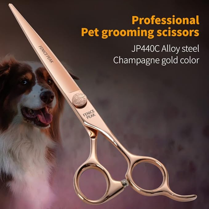 Fenice Peak Straight Dog Grooming Scissors Champagne Gold 440C Stainless Steel Professional Pet Trimming Scissors Sharp Blades Cutting for Dogs and Cats Shears