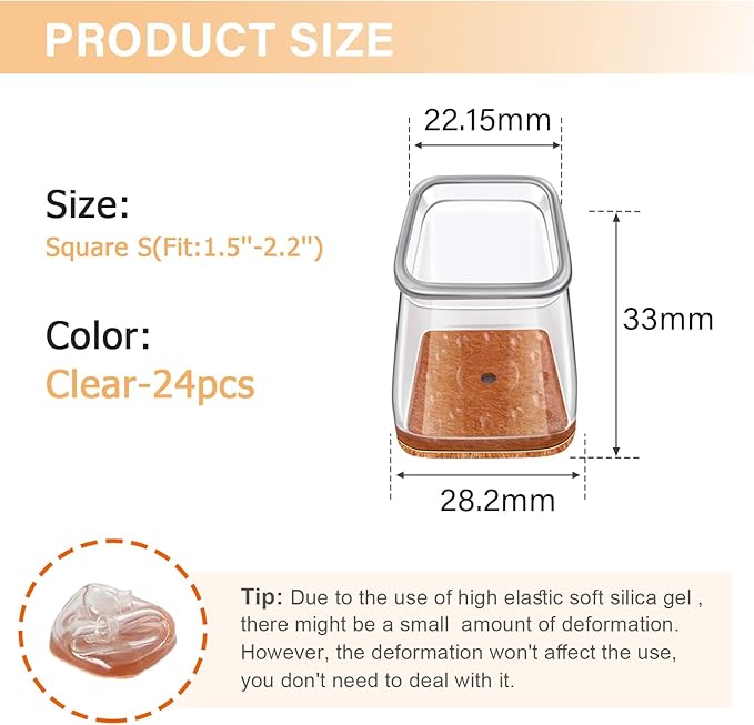 Ansible 24 pcs Square Small Chair Leg Floor Protectors, Furniture Felt Pads Silicone Covers caps for Chairs,Chair Leg Protectors for Hardwood Floors (Small fit:3/4'' to 1'')