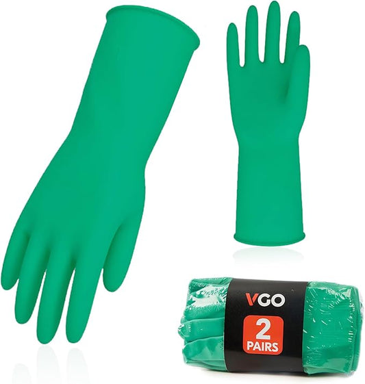 Vgo... 2-Pairs Reusable Household Gloves, Rubber Dishwashing gloves, Extra Thickness, Long Sleeves, Kitchen Cleaning, Working, Painting, Gardening, Pet Care (Size S, Green, HH4601)