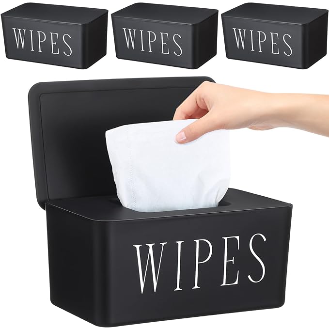 Singhoow 3 Pack Baby Wipes Dispenser Holder Wipe Container for Bathroom with Lid Toilet Tissue Paper Storage Refillable Box for Home Office Cars(Large,Black)