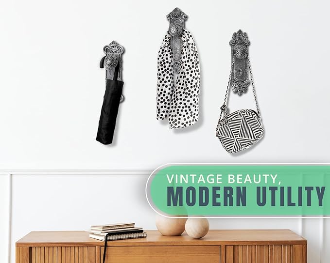 Comfify Shabby Chic Cast Iron Decorative Wall Mounted Hooks – Silver/Black - Door Knob Coat Hooks - Set of 3 - Screws and Anchors Included - Antique Wall Hooks for Hanging Clothes