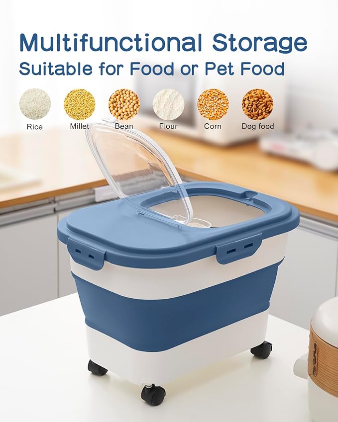 DDMOMMY 20-30 Lbs Rice Storage Container,Collapsible Food Storage Containers with Rolling Wheel Airtight Locking Lid,Flour Storage Container with Cup and Scoop,Suitable for Food,Rice,Pet Food,Flour