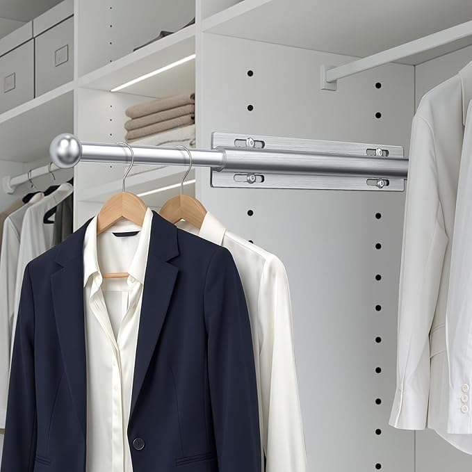 Valet Rod for Closet Pull Out, 12" Aluminum Valet Heavy Duty Closet Valet Rod, Adjustable Retractable Slide Out Valet Rod Closet Organization for Closet Laundry Bedroom Bathroom(Silver)