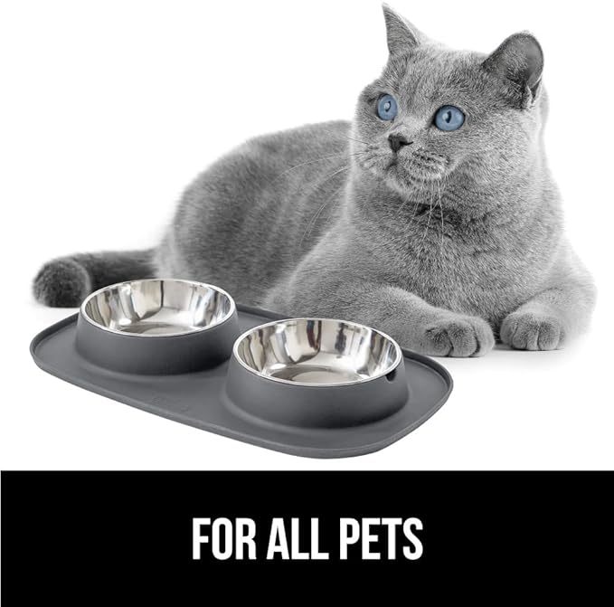 GORILLA GRIP Feeding Mat Set, 4 Cup, Patent Pending 100% Waterproof BPA Free Silicone, Stainless Steel Cat and Dog Bowls, Slip Resistant, High Edges Catch Water Food, US Designed Pet Accessories, Gray