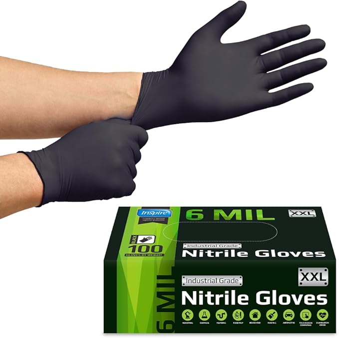 Inspire Black Nitrile Gloves HEAVY DUTY 6 Mil Nitrile Chemical Resistant Medical Cooking Cleaning Disposable Black Gloves