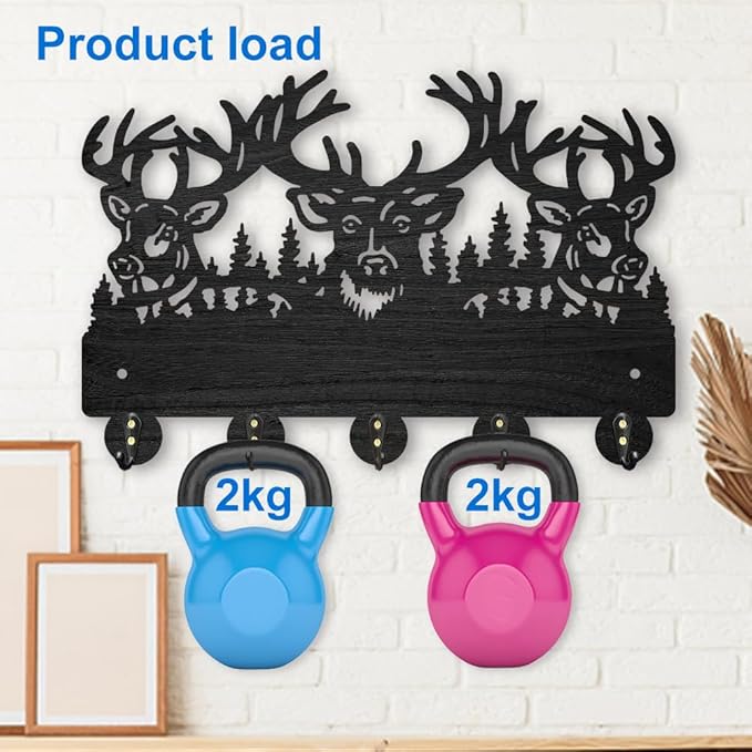 MAYJOYDIY Wood Deer Coat Rack Wall Mount Forest Animal Key Holder for Wall - Elk & Reindeer Wall Hooks - 5 Alloy Hooks for Gift, Entryway, Living Room, Farmhouse, Cabin