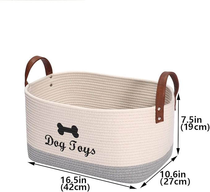 Large Cotton Dog Toy Basket Storage - 16.5"x10.6"x7.5" Puppy Bin - Perfect for Organizing Pet Toys, Blankets, Leashes & More
