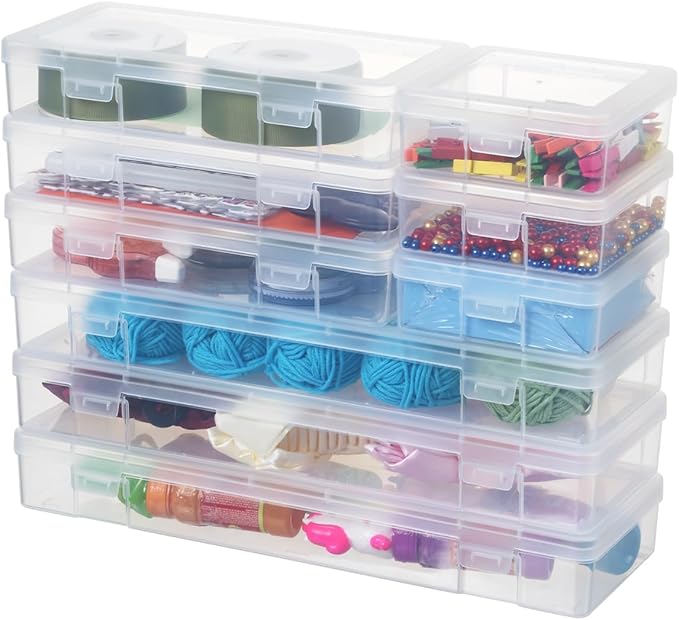novelinks Plastic Clear Storage Containers for Organizing, Craft Storage Organizers and Stackable Storage Bins with Lids for Pencil Box, Bead, Cookie Cutter, Board Game (3 Small + 3 Medium + 3 Large)