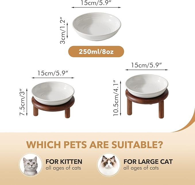 Elevated Ceramic Cat Dish, Wide Whisker Friendly Anti-Slip Food & Water Bowl with 2 Heights Adjustable Acacia Wooden Stand - Pet Bowl Set for Cats (1 Dish + 1 Stand, White)